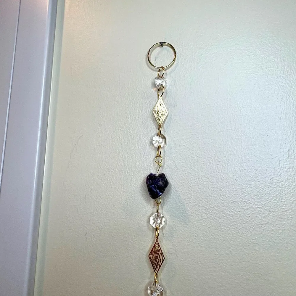 Raw Amethyst, Rose Quartz, Crystal Quartz Gemstone Wall Hanging, Crystal Prism
